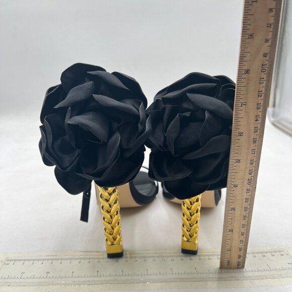 FSJ Black Flower Gold Metal Chain Chunky High Heels Ankle Strap Open Toe Sandals - Picture 5 of 8